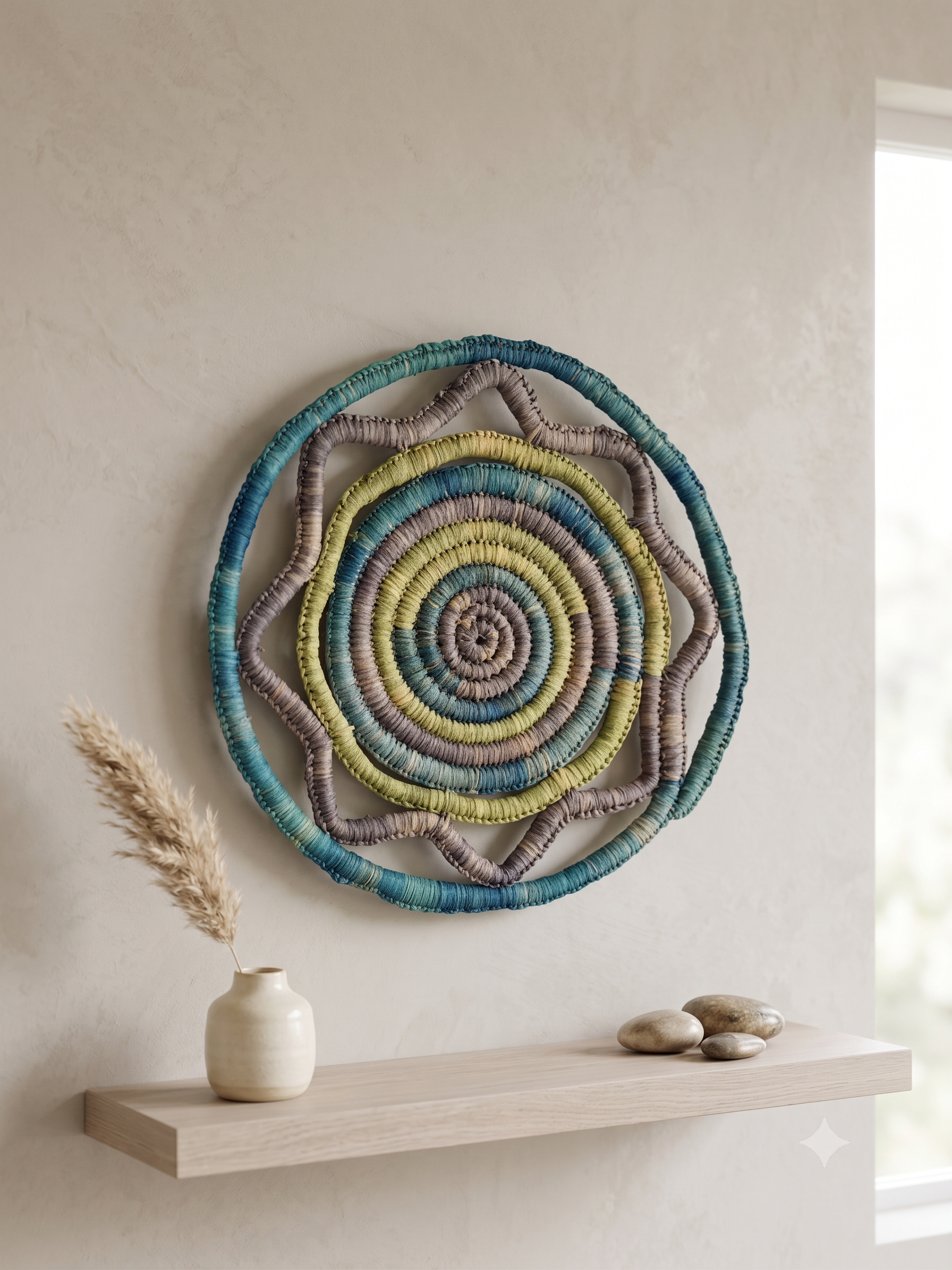 Hand woven decorative piece in ocean blues by Palawa artist Belinda French